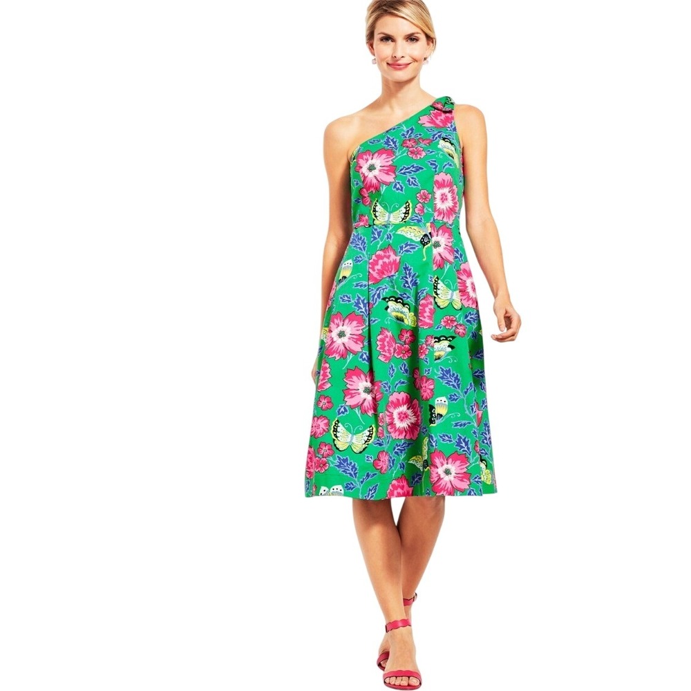 RSVP by Talbots Floral Butterfly One Shoulder Pique Midi Dress 14 NWOT $169